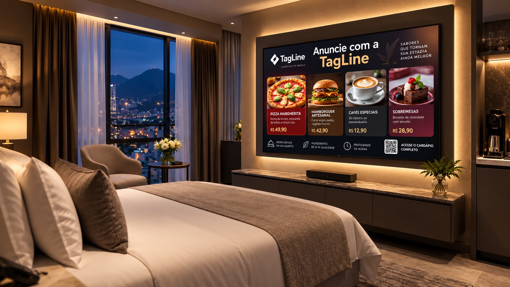 Quarto de hotel à noite com a TV exibindo cardápio de room service e QR code do cardápio completo