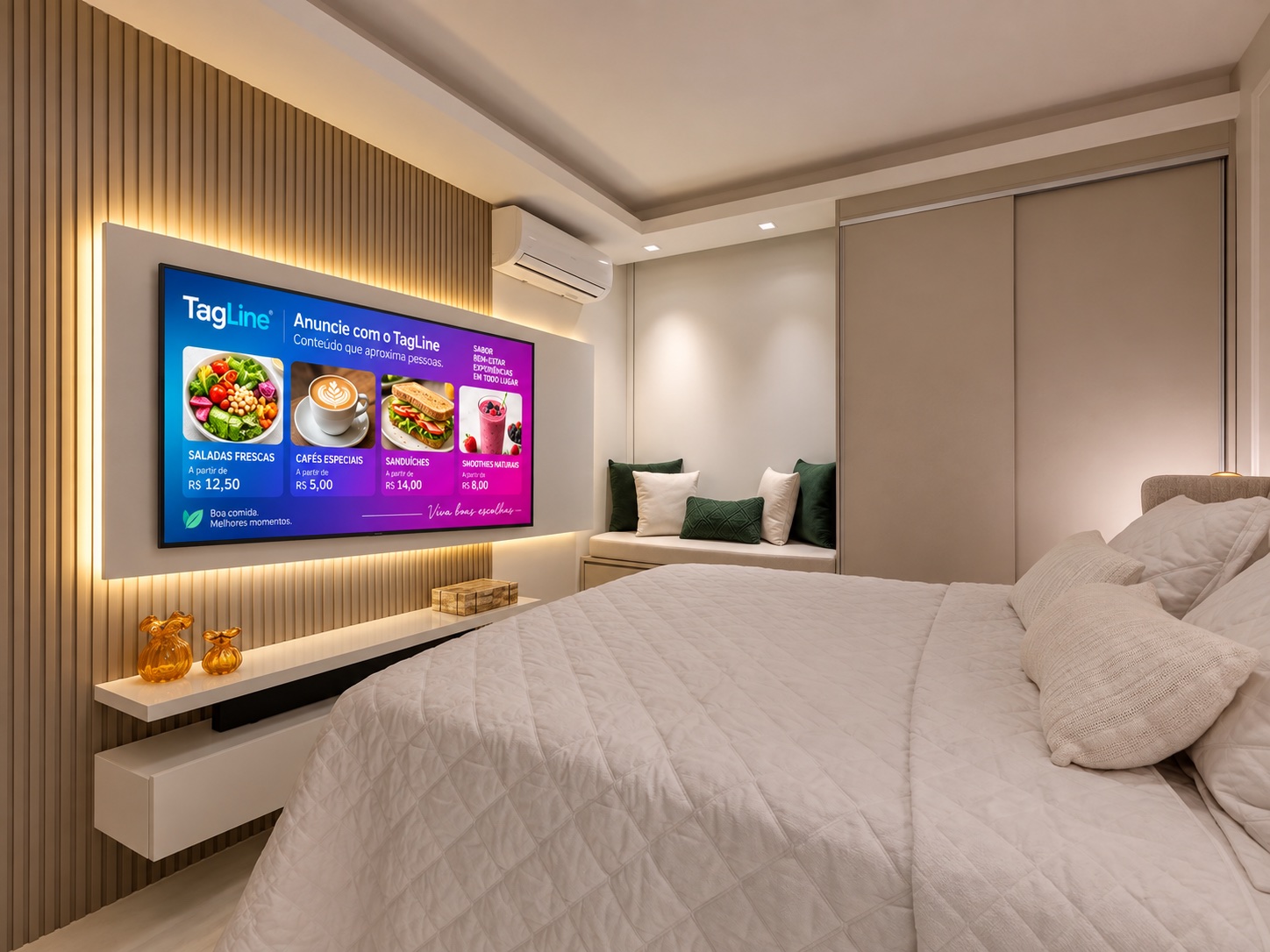 Quarto de hotel com a TV exibindo cardápio de saladas, cafés, sanduíches e smoothies pelo TagLine